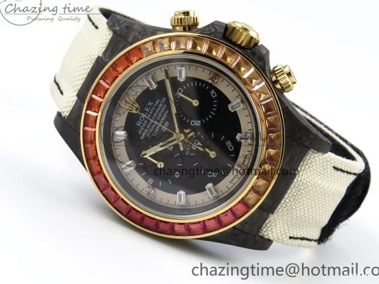 MiroTime 0513 Refined Daytona DIW Carbon Case DIWF Edition Black White Dial Orange Diamonds Bezel on White Nylon Strap A 1668
